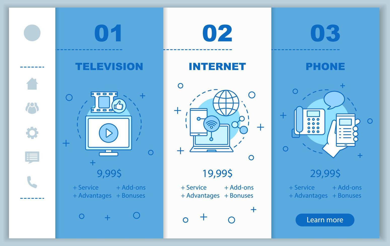 Cable TV, internet, phone bundle onboarding mobile app screens with prices. Walkthrough website pages templates. Communication services providers tariff plans steps. Smartphone payment web page layout vector
