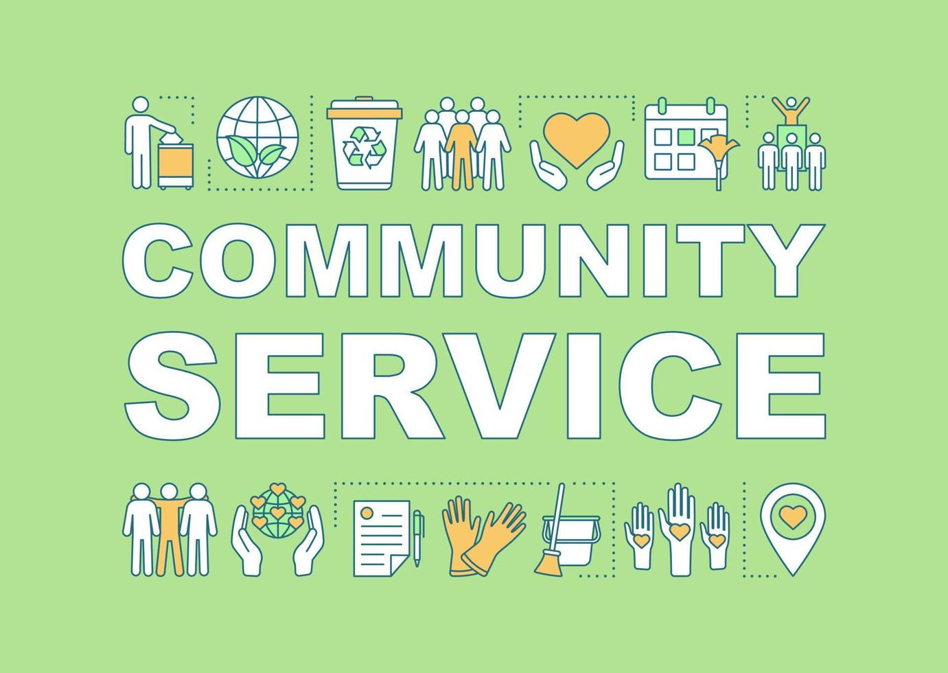 Community service word concepts banner. Volunteering. Presentation, website. NGO. Nonprofit organization. Isolated lettering typography idea with linear icons. Vector outline illustration
