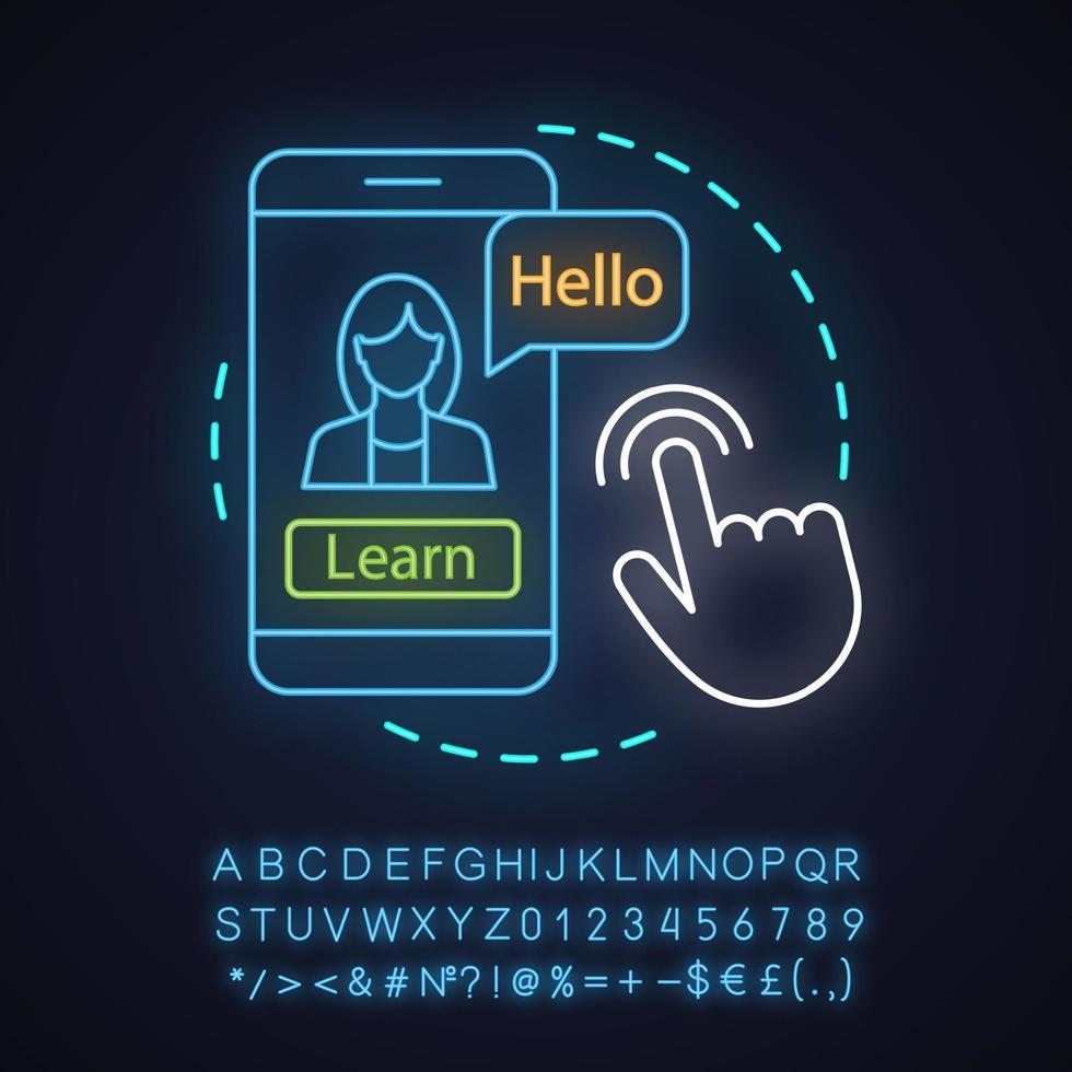 Language learning app neon light concept icon. Online courses idea. Spell check. Speaking practice with smartphone app. Glowing sign with alphabet, numbers and symbols. Vector isolated illustration