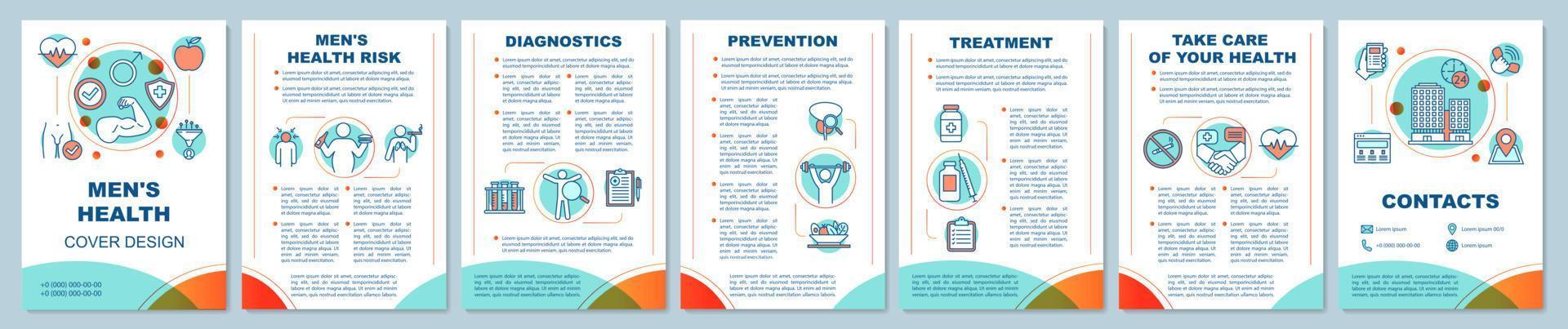 Men's health brochure template layout. Male health risks factors. Healthy lifestyle. Flyer, booklet, leaflet print design. Vector page layouts for magazines, annual reports, advertising posters
