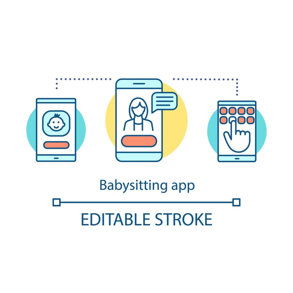 Babysitting app concept icon. Babysitter searches, nanny rates, recommendations. Parents assistant idea thin line illustration. Vector isolated outline drawing. Editable stroke