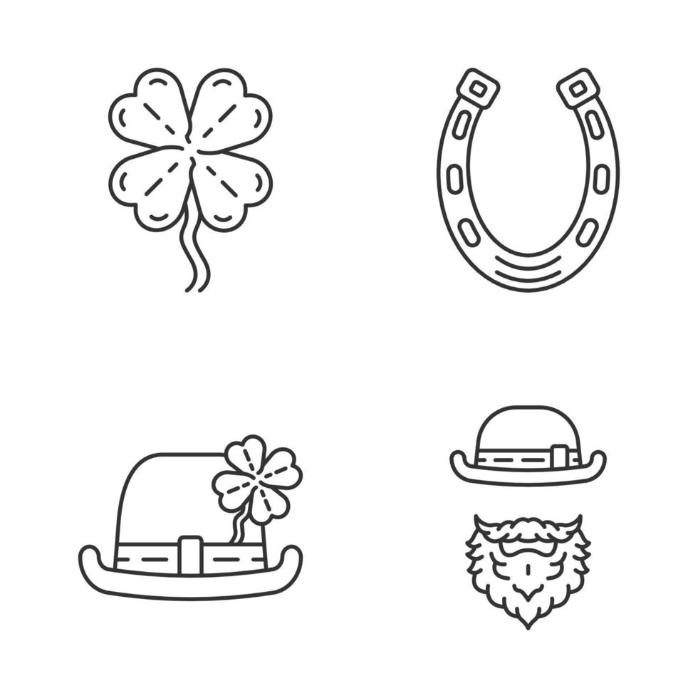 Conjunto de iconos lineales del día de San Patricio. símbolos de contorno de línea fina. fiesta de st. Patricio. bombín, duende, herradura, trébol de cuatro hojas. ilustraciones de contorno de vector aislado. trazo editable