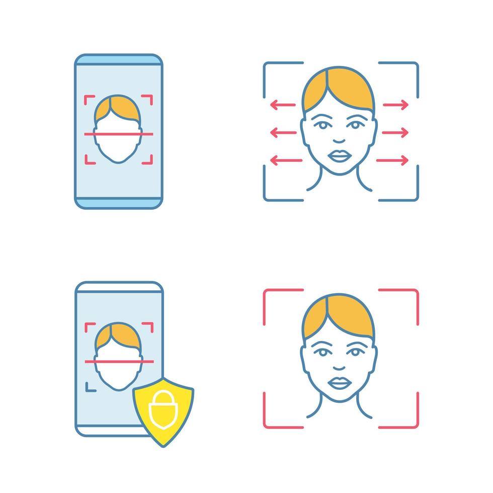 Facial recognition color icons set. Biometric identification. Face lock and banking facial recognition smartphone apps, reader, scanning software. Isolated vector illustrations