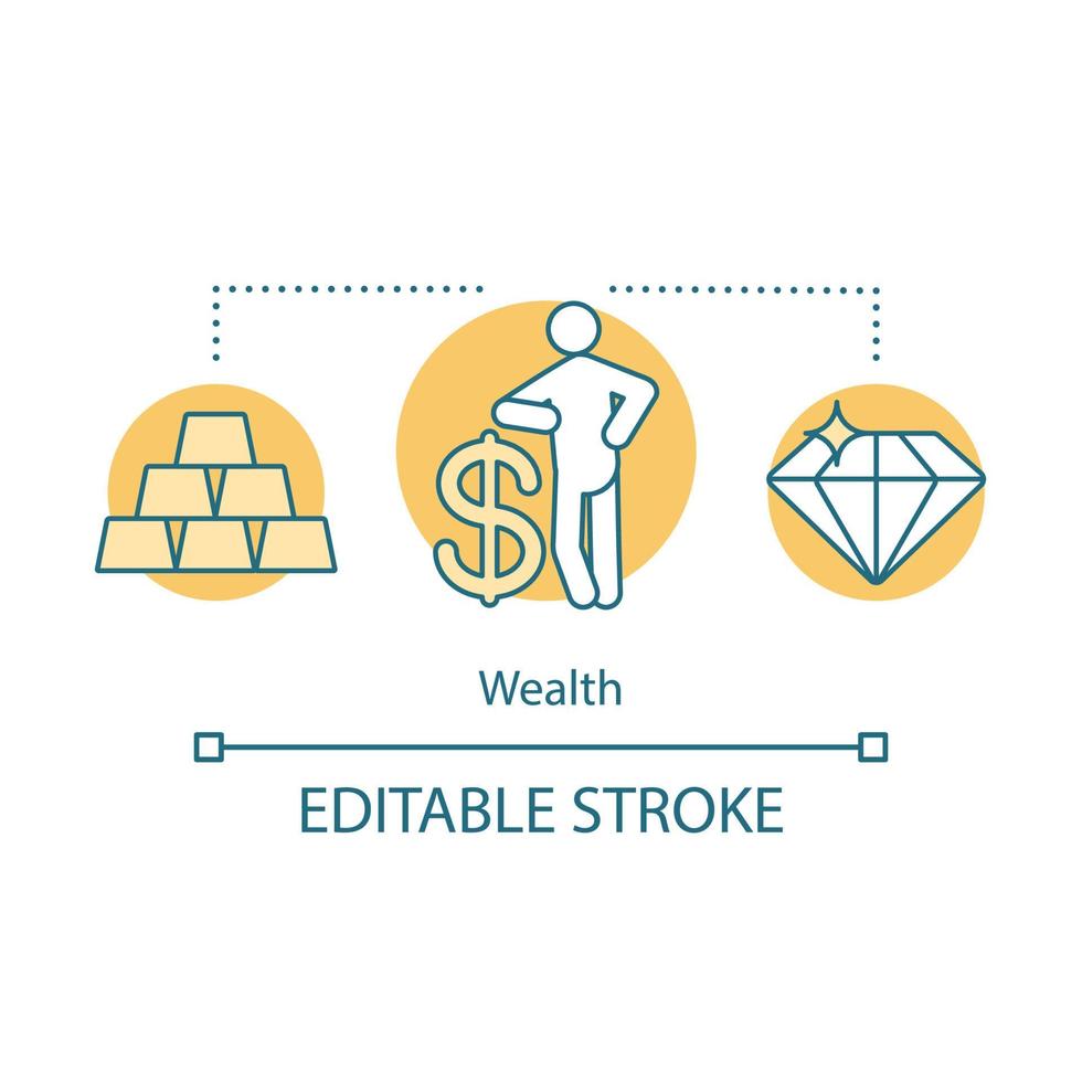 Wealth concept icon. Business, investment idea thin line illustration. Making money. Welfare, wealth. Rich man with dollar sign, diamond, gold bars. Vector isolated outline drawing. Editable stroke