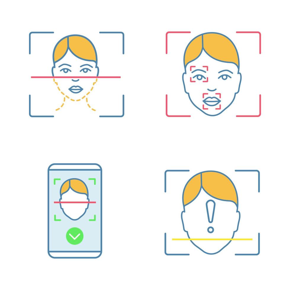 Facial recognition color icons set. Biometric identification. Face scanning process, markers and points, protection smartphone app, ID scan unidentified. Isolated vector illustrations