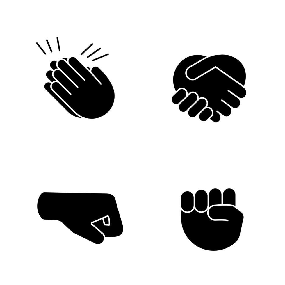 conjunto de iconos de glifo de emojis de gesto de mano. aplausos, felicitaciones, apretón de manos gesticulando. puños derechos y levantados. símbolos de silueta. vector ilustración aislada