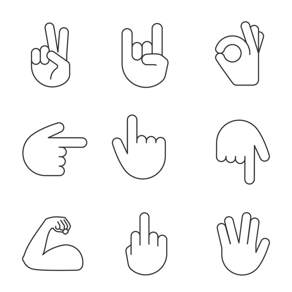 Hand gesture emojis linear icons set. Thin line contour symbols. Victory, peace, rock, OK, middle finger, vulcan salute gesturing, flexed bicep. Isolated vector outline illustrations. Editable stroke