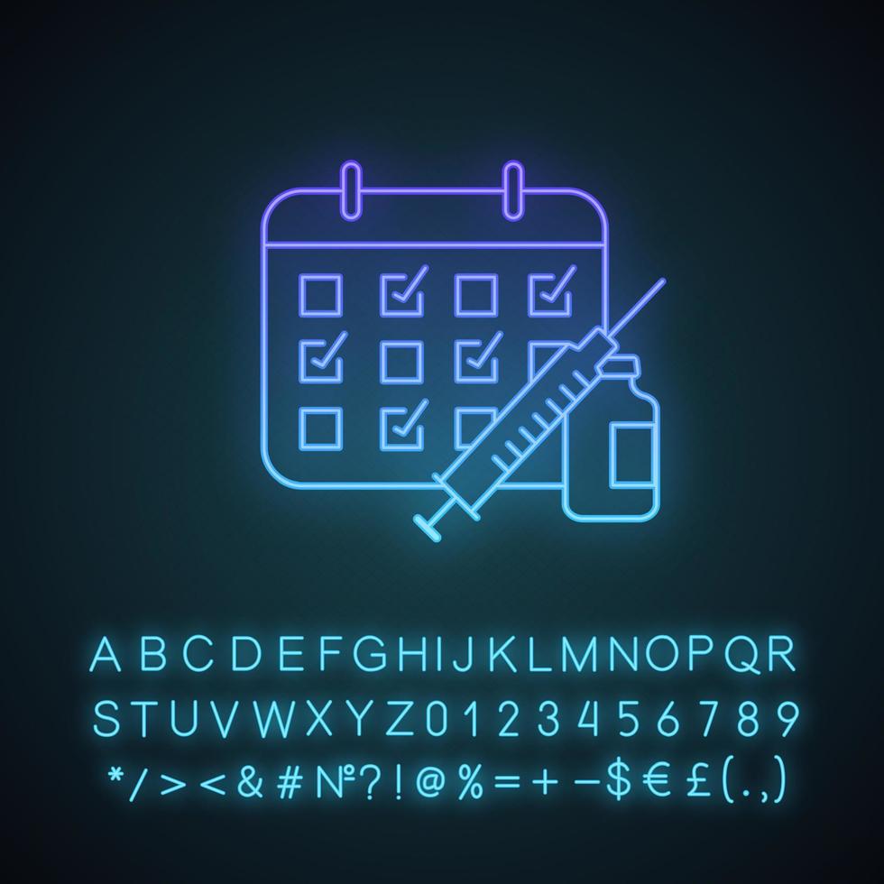 Vaccination calendar neon light icon. Immunization schedule. Disease prevention. Glowing sign with alphabet, numbers and symbols. Vector isolated illustration