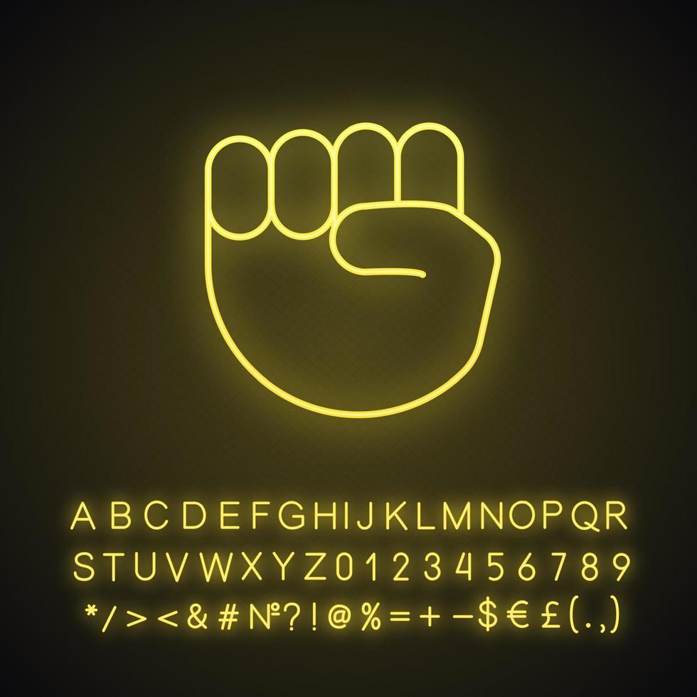Raised fist emoji neon light icon. Protest, support hand gesture. Fist pointing up. Glowing sign with alphabet, numbers and symbols. Vector isolated illustration