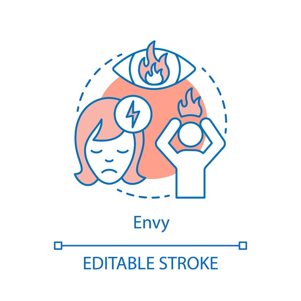 Envy concept icon. Envious woman idea thin line illustration. Feeling of grudge. Social inequality. Strong desire. Hatred person. Angry emotion. Vector isolated outline drawing. Editable stroke
