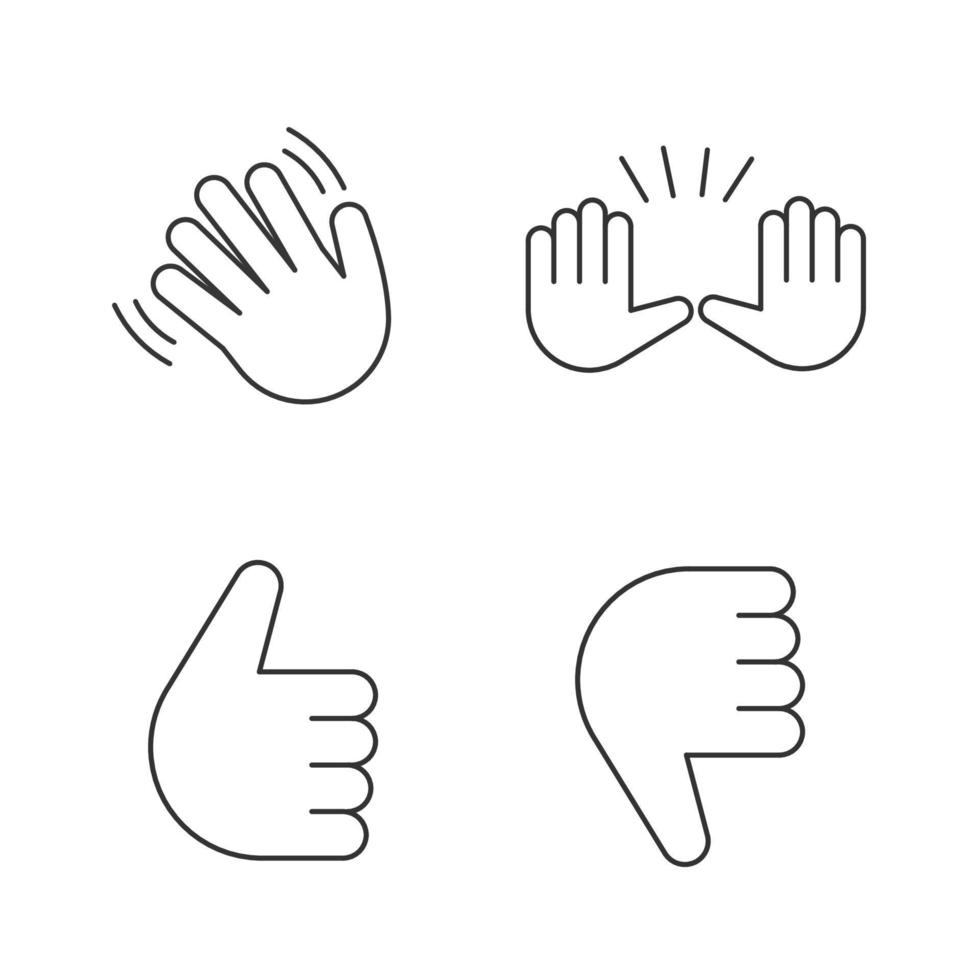 Hand gesture emojis linear icons set. Thin line contour symbols. Hello, goodbye, stop, good job, disapproval gesturing. Thumbs up and down. Isolated vector outline illustrations. Editable stroke