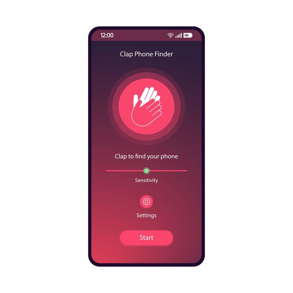 Clap phone finder interface vector template. Mobile utility app page purple design layout. Smartphone location search application flat gradient UI. Sensitivity scale, settings, start button on display