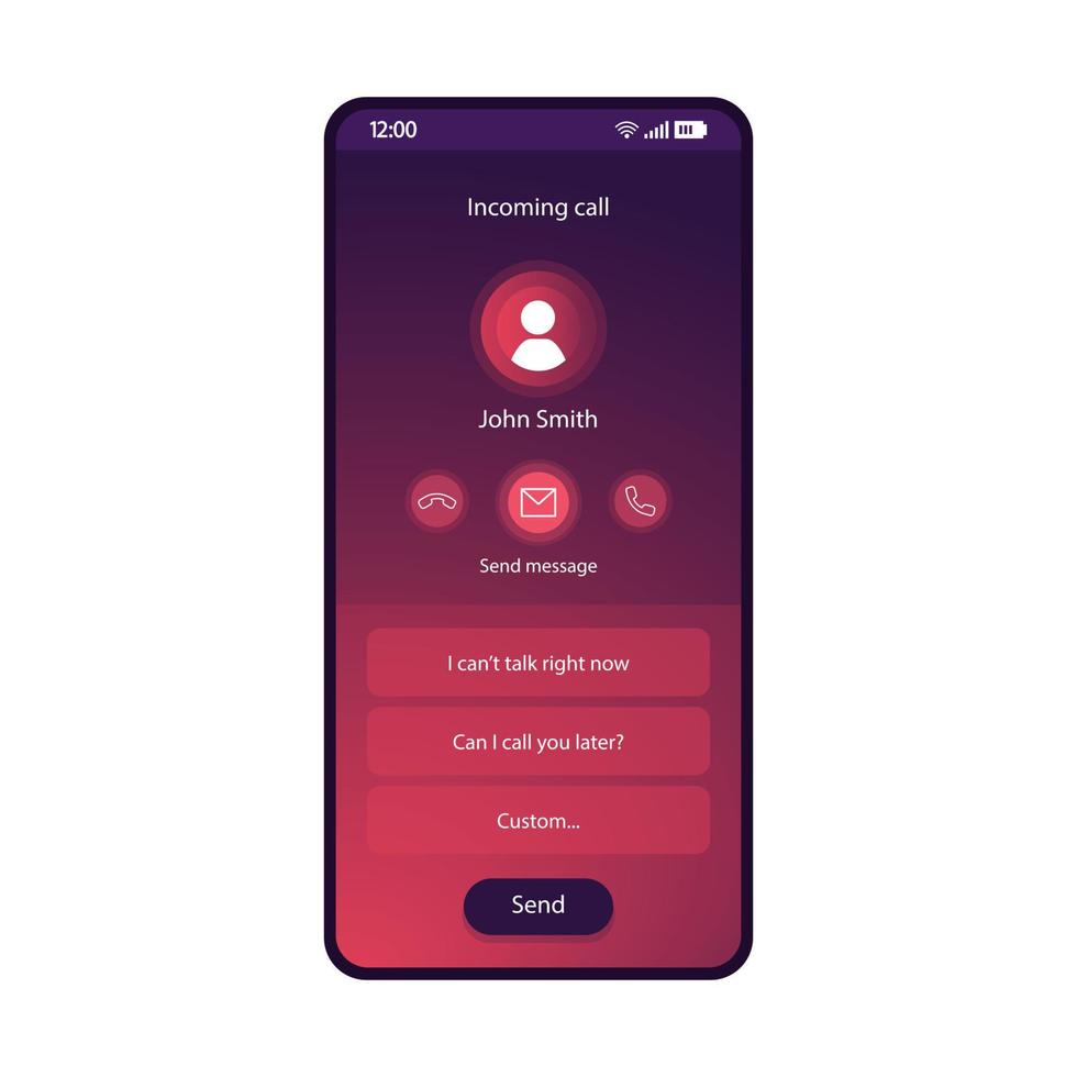 Response message to incoming call smartphone interface vector template. Mobile app page purple design layout. Send message screen. Flat UI for application. Can t talk, call you later. Phone display