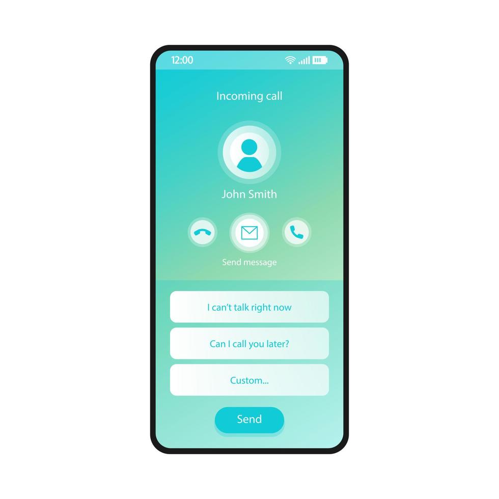 mensaje de respuesta a la plantilla de vector de interfaz de teléfono inteligente de llamada entrante. diseño de diseño azul de la página de la aplicación móvil. enviar mensaje de pantalla. interfaz de usuario plana para la aplicación. No puedo hablar, no puedo responder. pantalla del teléfono