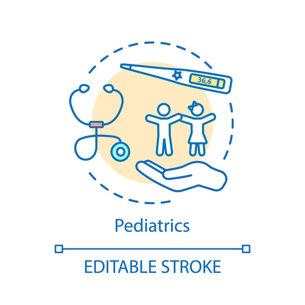 Pediatrics concept icon. Infants, children, adolescents medical care idea thin line illustration. Pediatric medicine vector isolated outline drawing. Child therapy, disease control. Editable stroke