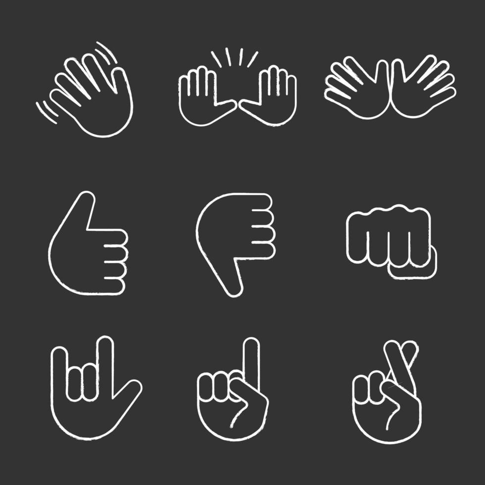 Hand gesture emojis chalk icons set. Waving, stop, jazz, thumbs up and down, fist, love you, luck, lie gesturing. Open hands, crossed fingers. Isolated vector chalkboard illustrations