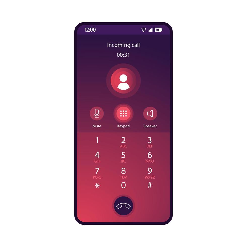 Switched keypad smartphone interface vector template. Mobile app page purple gradient design layout. Incoming call, audio record screen. Flat UI for application. Mute, speaker buttons. Phone display