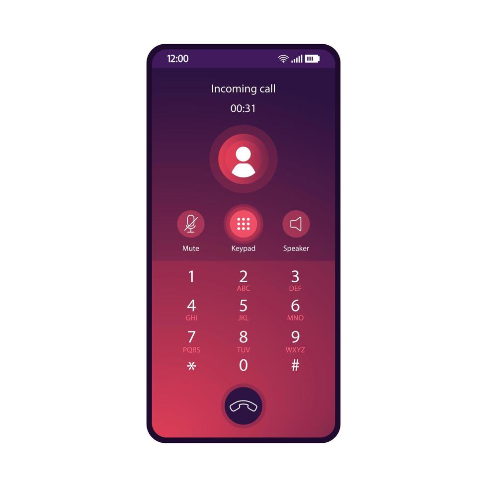 plantilla de vector de interfaz de teléfono inteligente de teclado conmutado. diseño de degradado púrpura de la página de la aplicación móvil. llamada entrante, pantalla de grabación de audio. interfaz de usuario plana para la aplicación. silencio, botones de altavoz. pantalla del teléfono