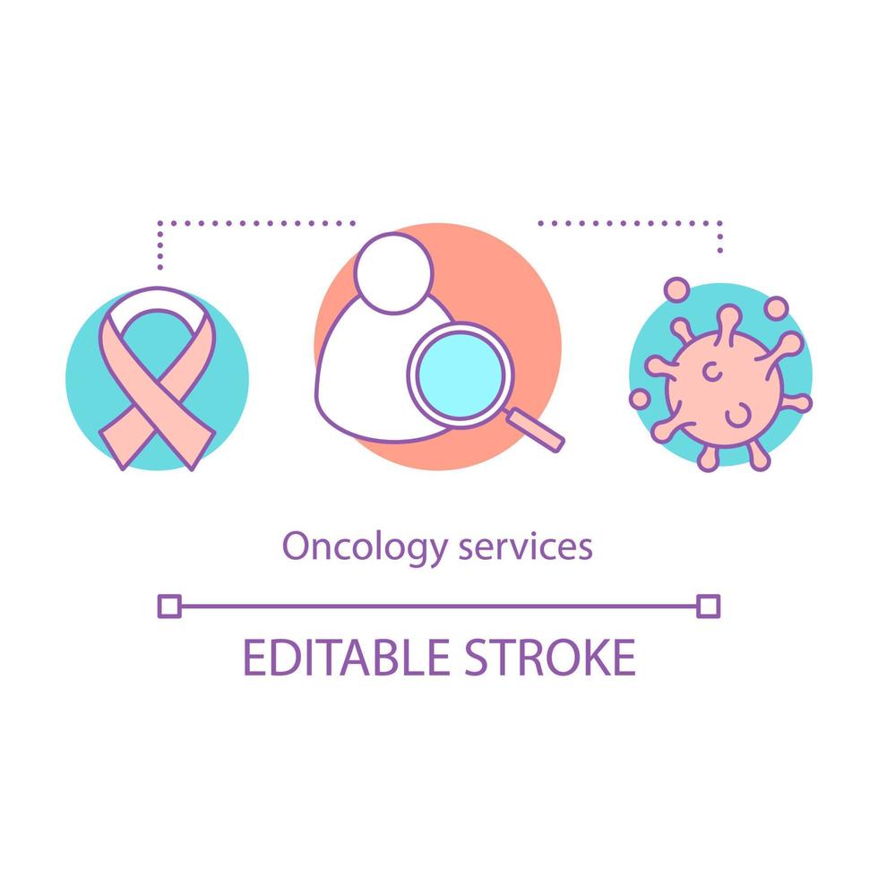 icono de concepto de servicios de oncología. Ilustración de línea fina de idea de atención médica. diagnóstico y tratamiento del cáncer. investigaciones linicas. conciencia de la enfermedad. dibujo de contorno aislado vectorial. trazo editable vector