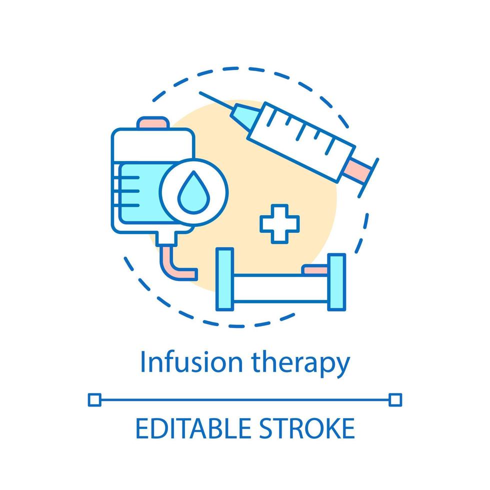 icono del concepto de terapia de infusión. Ilustración de línea fina de idea de tratamiento inyectable. hospital, dibujo de contorno aislado del vector de la clínica. vacunación, inmunización. medicación intravenosa. trazo editable