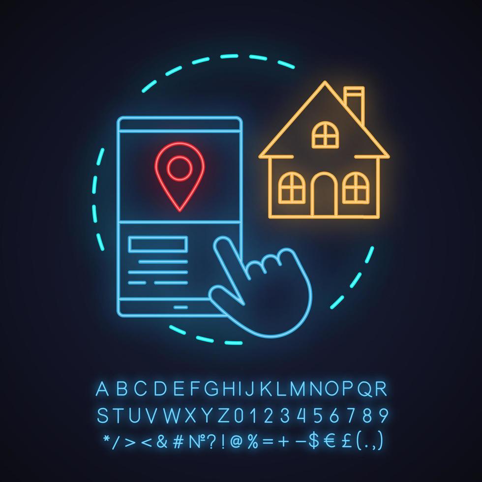 Househunt neon light concept icon. Moving home, apartment, house rent idea. Choosing, selecting area, district, house search. Glowing sign with alphabet, numbers, symbols. Vector isolated illustration