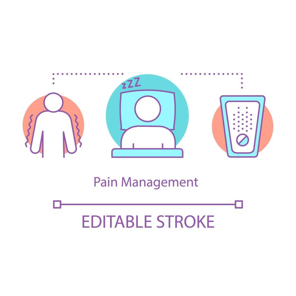 icono del concepto de gestión del dolor. Ilustración de línea fina de idea de atención médica. tratamiento del dolor de cabeza con medicamentos. medicación para aliviar el dolor. analgésico. cuidado de la salud. dibujo de contorno aislado vectorial. trazo editable vector