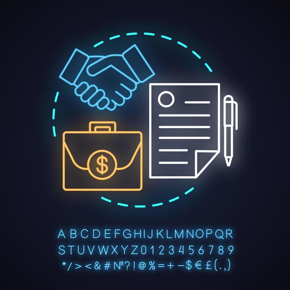 Social license to operate neon light concept icon. Stakeholders idea. Corporate social responsibility. Trust, agreement. Glowing sign with alphabet, numbers and symbols. Vector isolated illustration