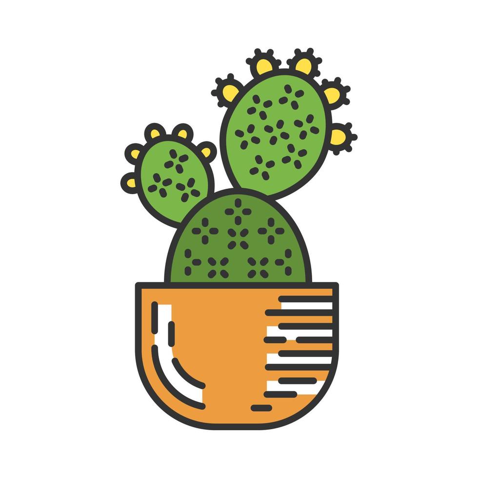 Prickly pear cactus in pot color icon. Opuntia. Home paddle cactus. Mexican nature plant. Exotic flora. Isolated vector illustration