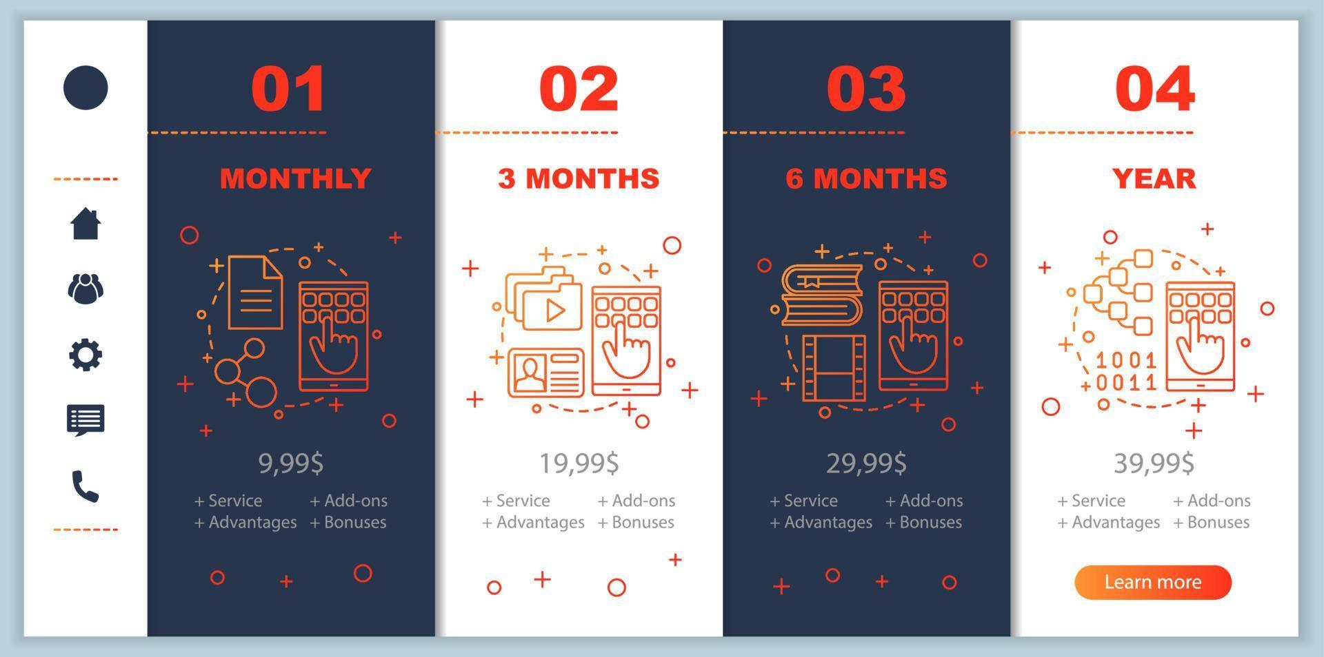 Cloud data storage subscription fee onboarding mobile app screens with service prices. Walkthrough website pages templates. File hosting service. Tariff plans steps. Smartphone payment web page layout vector