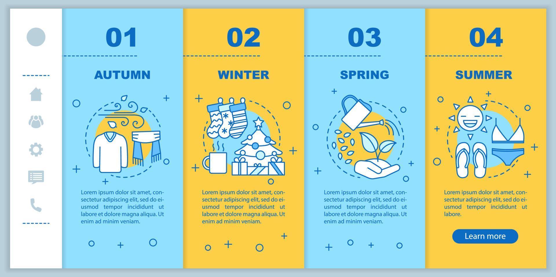 Four seasons onboarding mobile web pages vector template. Responsive smartphone website interface idea with linear illustrations. Winter, autumn webpage walkthrough step screens. Color concept