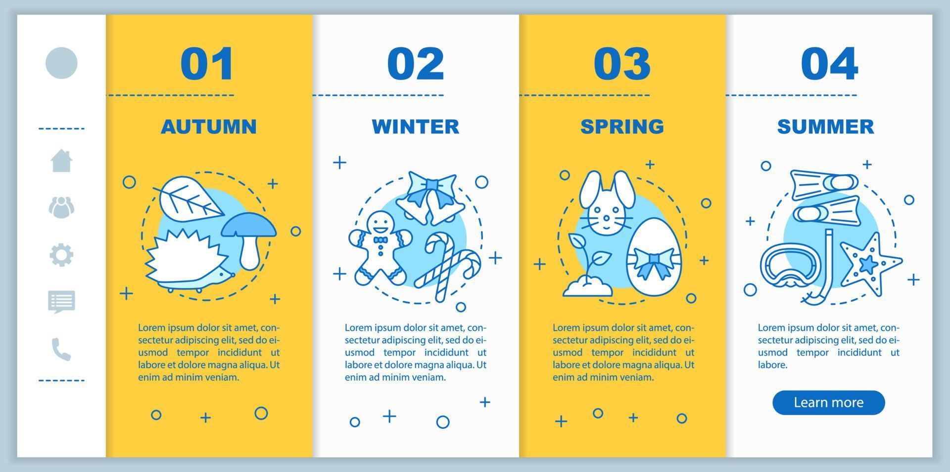 Four seasons onboarding mobile web pages vector template. Responsive smartphone website interface idea with linear illustrations. Winter, autumn webpage walkthrough step screens. Color concept