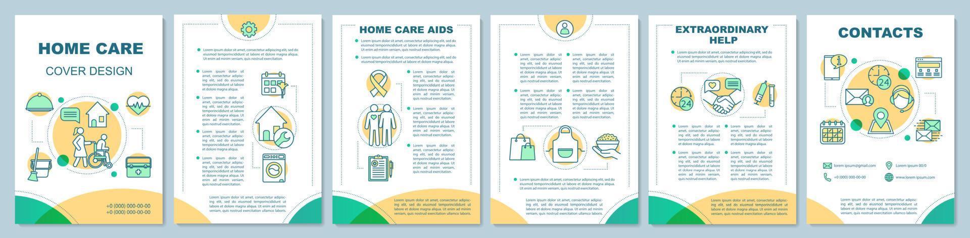 Home care brochure template layout. Housework aids. In home nurse help. Flyer, leaflet print design with linear illustrations. Vector page layouts for magazines, annual reports, advertising posters