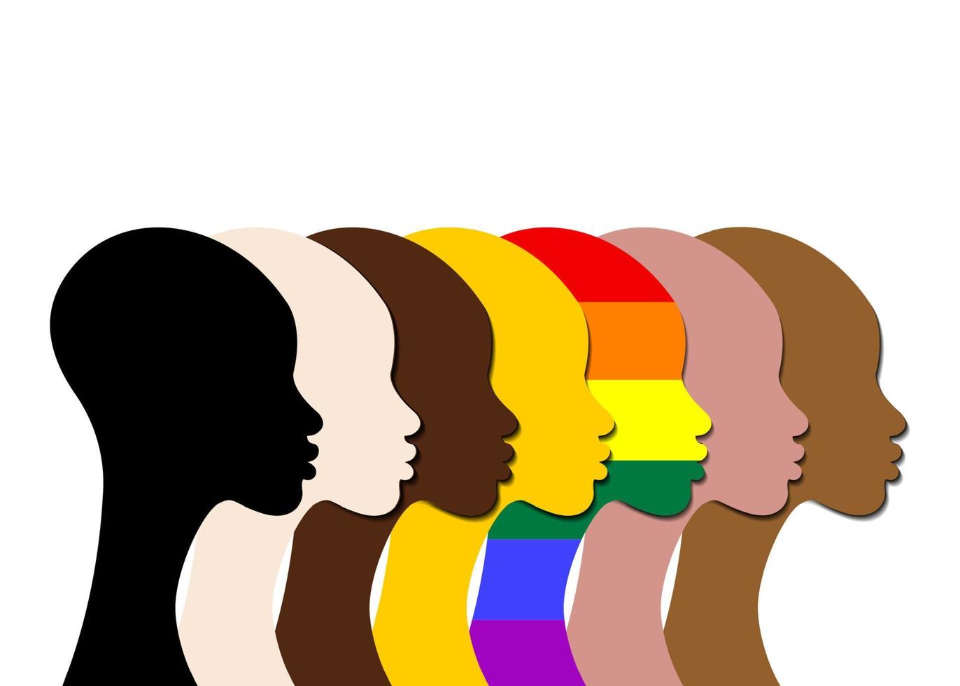 inclusión y diversidad. siluetas de personas y conjunto lgbtq, logotipo de vector de retrato de personas para sitio web, concepto de orgullo gay de banner, vector de signo de arco iris colorido aislado sobre fondo blanco