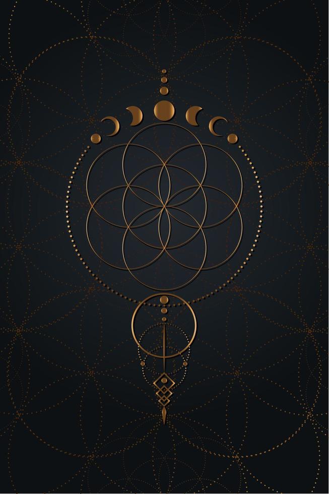 Mystical flower of life and Moon Phases, Sacred geometry. Gold Seed of life. Pagan Wiccan goddess symbol, old golden wicca banner sign, energy circles, boho style vector isolated on black background