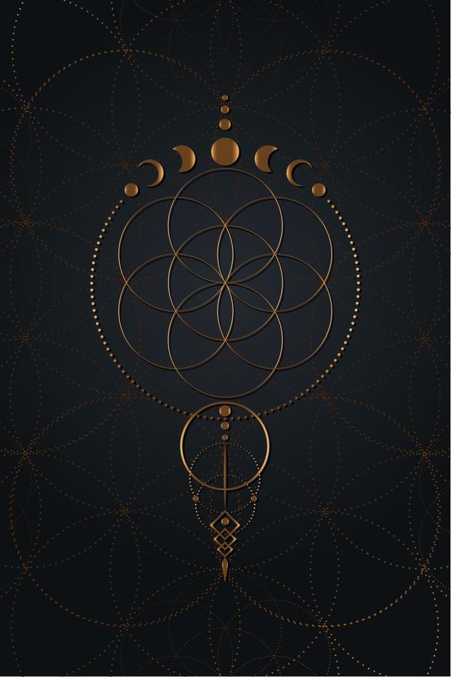 Mystical flower of life and Moon Phases, Sacred geometry. Gold Seed of life. Pagan Wiccan goddess symbol, old golden wicca banner sign, energy circles, boho style vector isolated on black background