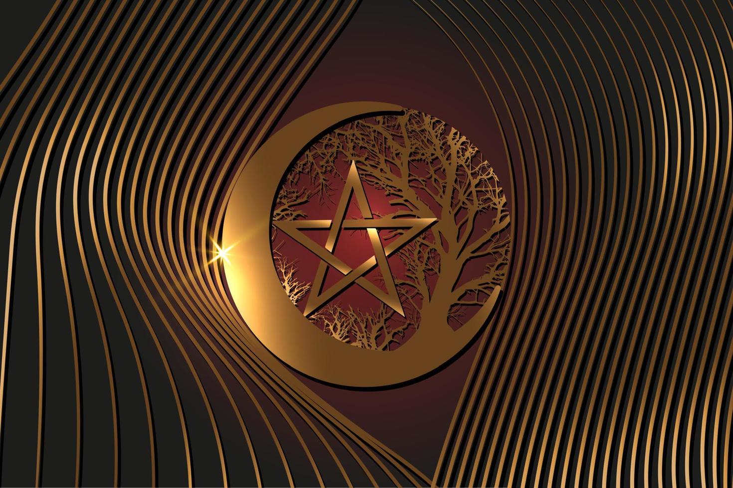 luna mística, árbol de la vida y pentáculo wicca. geometría sagrada. logotipo de oro, media luna, símbolo de la diosa wicca pagana de media luna, círculo de energía, estilo de tatuaje vector fondo de rayas de oro negro