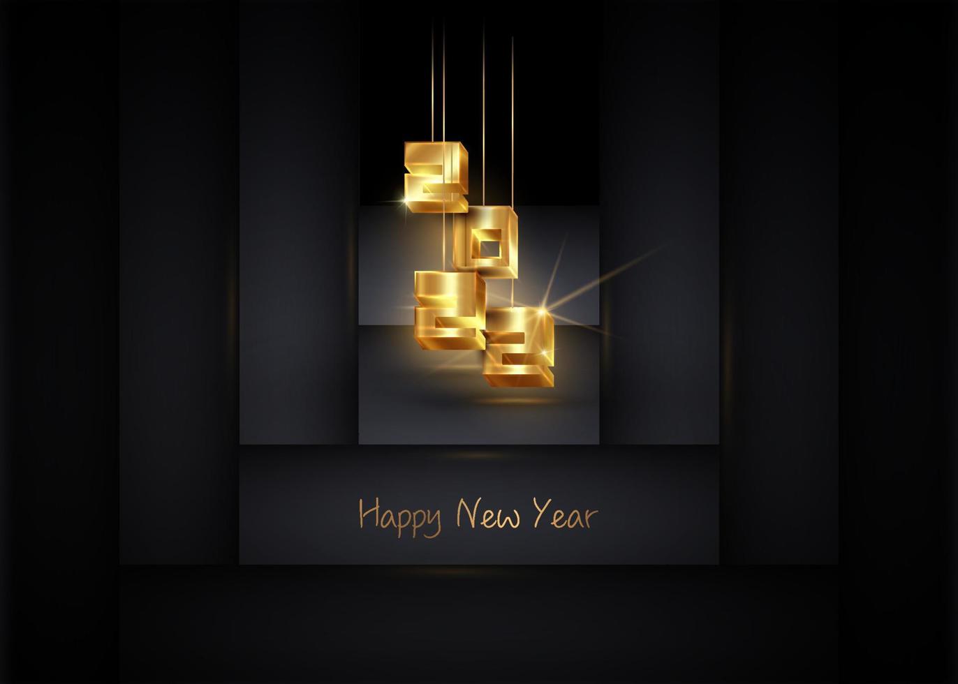 Golden 2022 año nuevo logo 3d, números entrelazados. tema de Navidad, ilustración vectorial. diseño de vacaciones para tarjeta de felicitación, invitación, calendario, fiesta, vip de lujo dorado, aislado sobre fondo negro vector