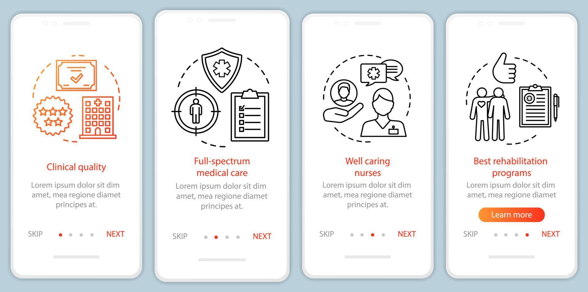 El servicio médico avanza en la incorporación de la pantalla de la página de la aplicación móvil con conceptos lineales. programas de atención médica, enfermeras calificadas paso a paso instrucciones gráficas. ux, ui, plantilla de vector de interfaz gráfica de usuario