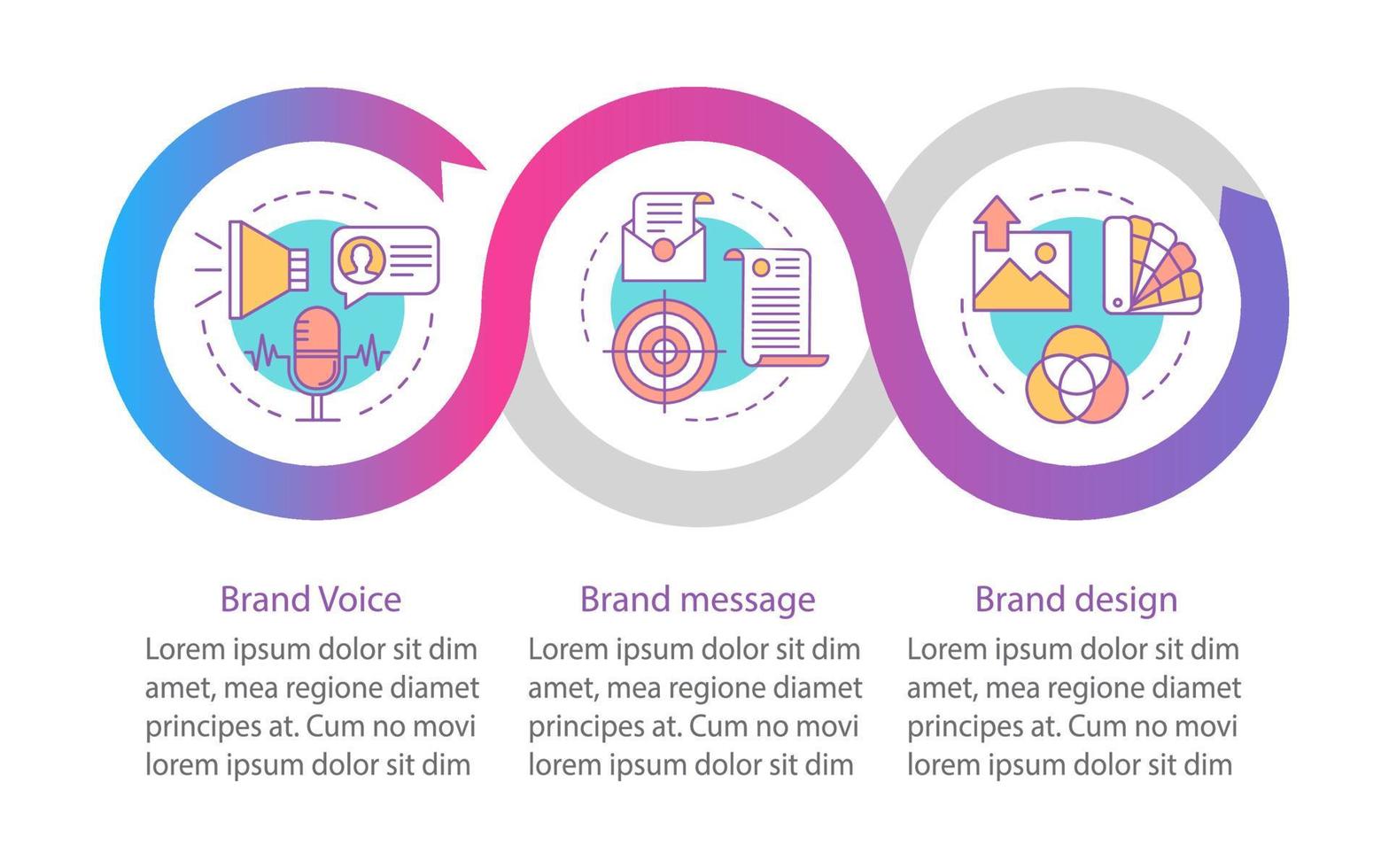 plantilla de infografía de vector de elementos de marca. diseño de la marca. elementos de diseño de presentación de negocios. visualización de datos con tres pasos, opciones. gráfico de la línea de tiempo del proceso. diseño de flujo de trabajo, iconos lineales