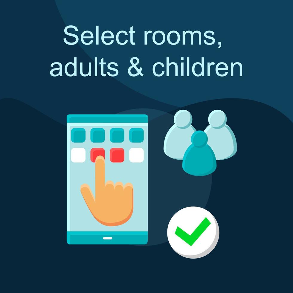 Select rooms flat concept vector icon. Travel planning idea cartoon color illustrations set. Number of guests. Amenities, extra services. Online booking, reservation. Isolated graphic design element