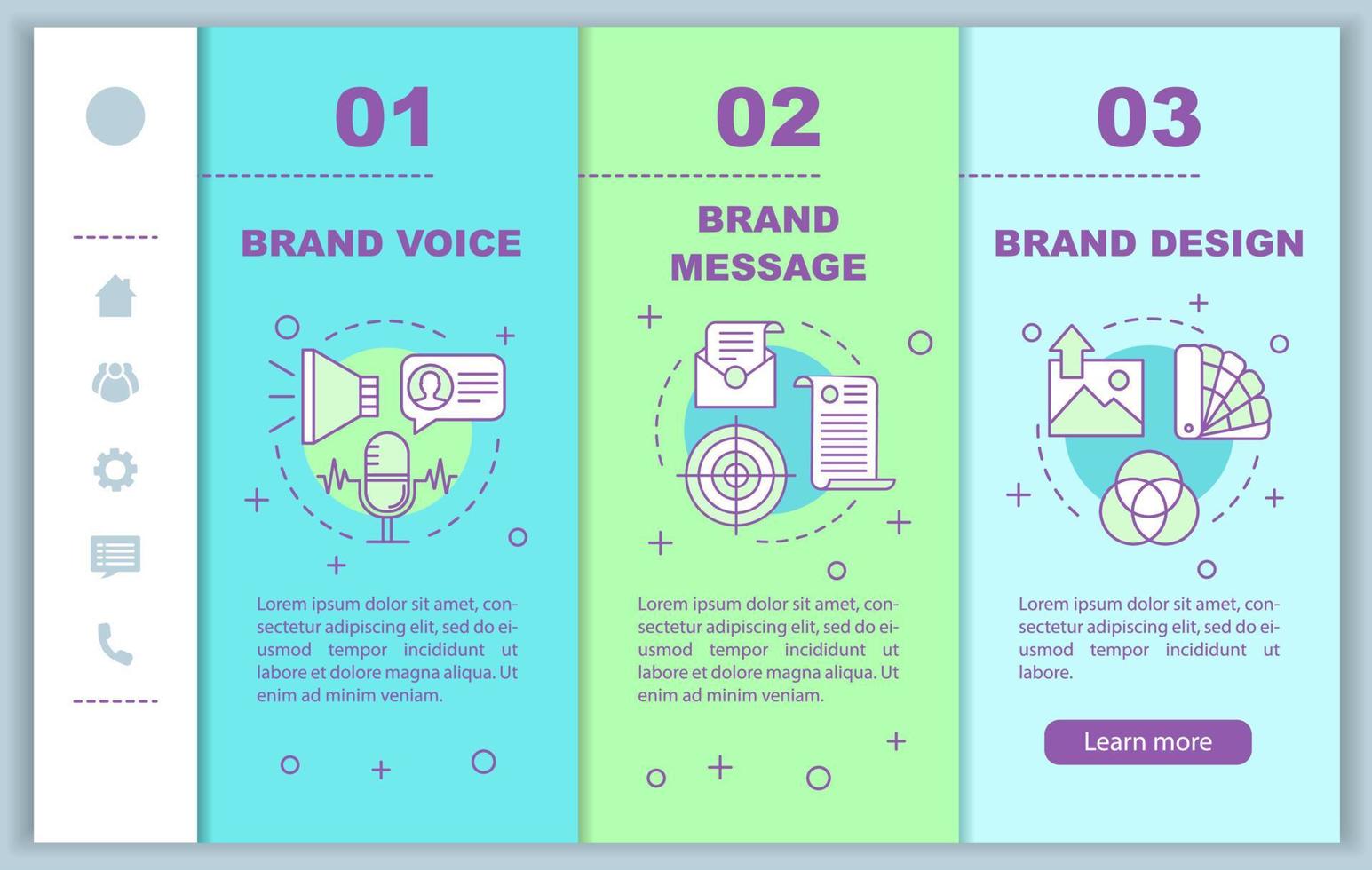 Branding elements onboarding mobile web pages vector template. Brand voice, design. Responsive smartphone website interface idea, linear illustrations. Webpage walkthrough step screens. Color concept