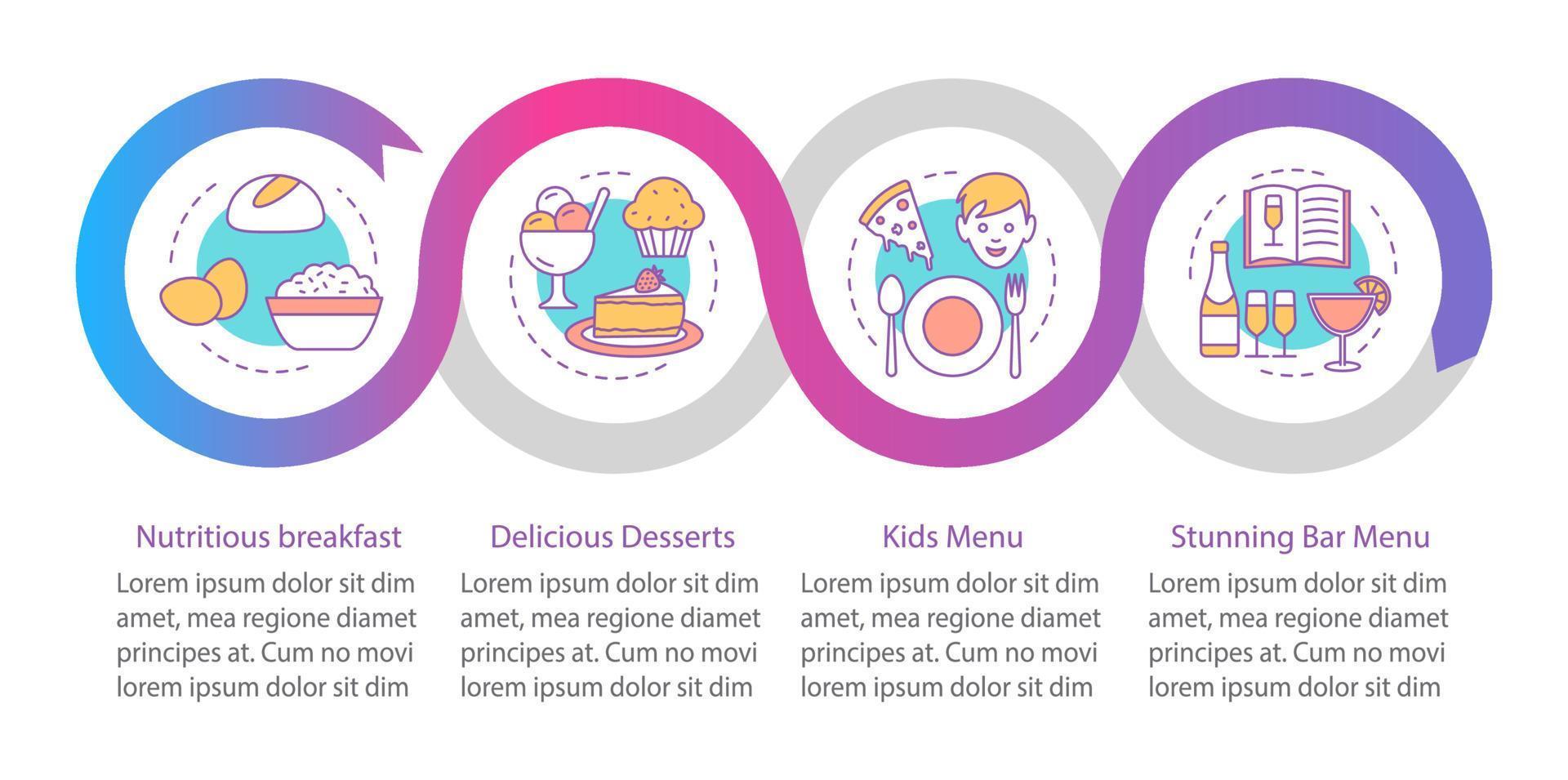 Food service vector infographic template. Cafe menu. Business presentation design elements. Data visualization with four steps and options. Process timeline chart. Workflow layout with linear icons