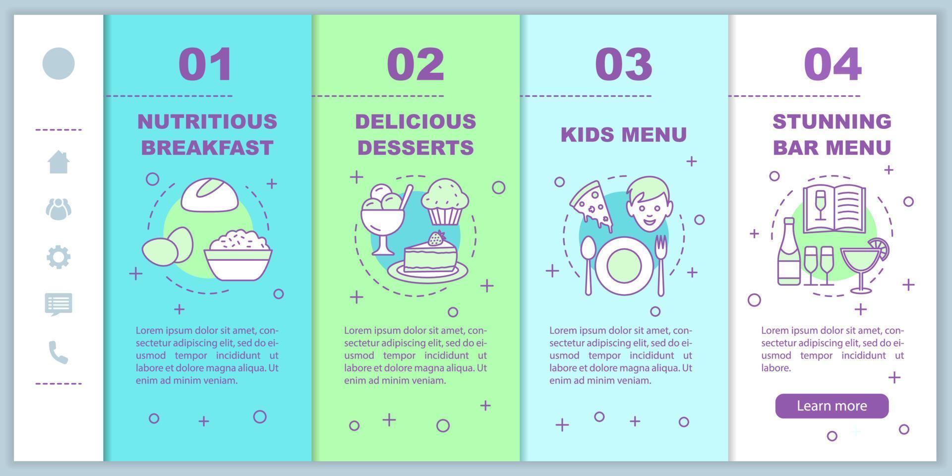 Food service onboarding mobile web pages vector template. Family cafe menu. Responsive smartphone website interface idea with linear illustrations. Webpage walkthrough step screens. Color concept