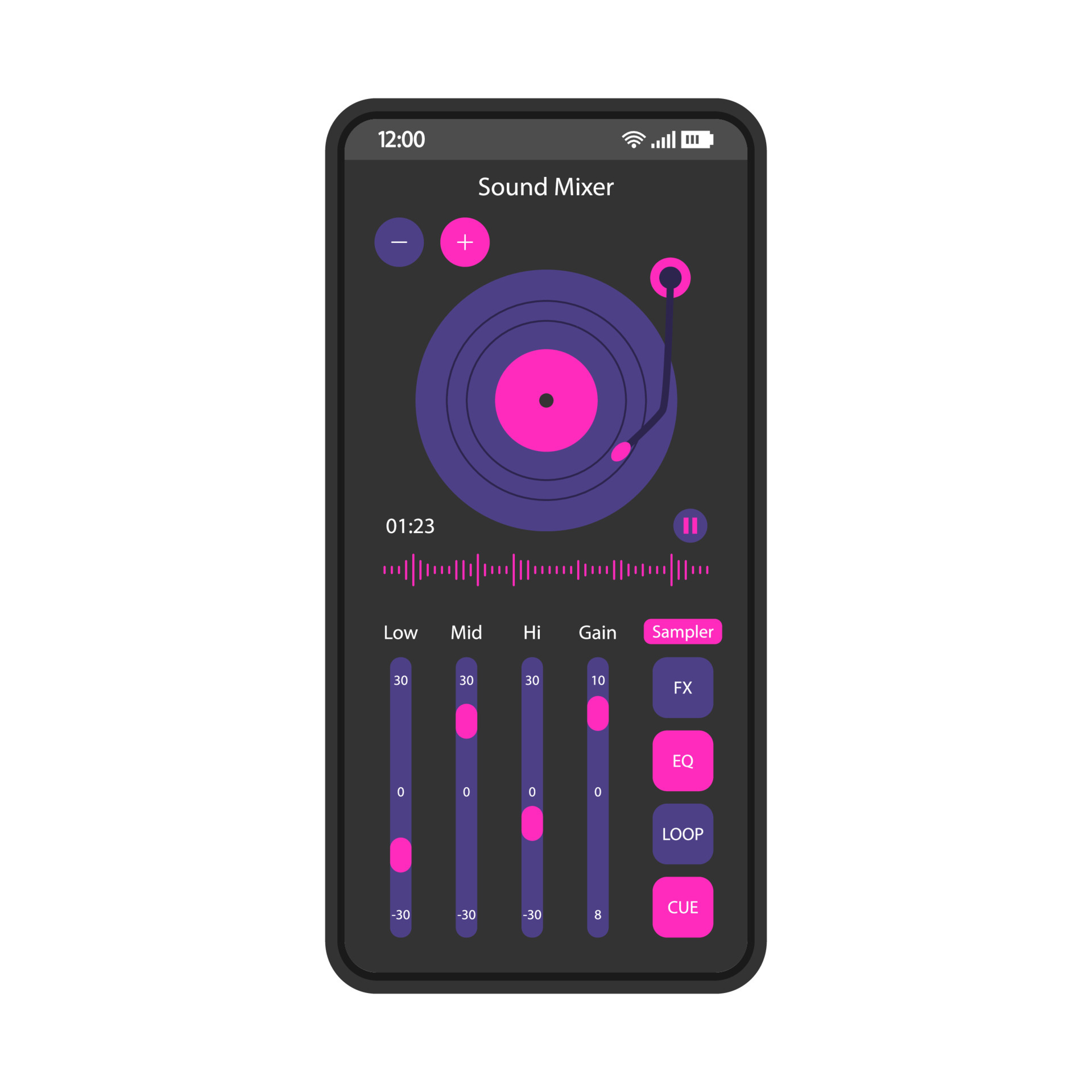Sound mixer app smartphone interface vector template. Mobile page black