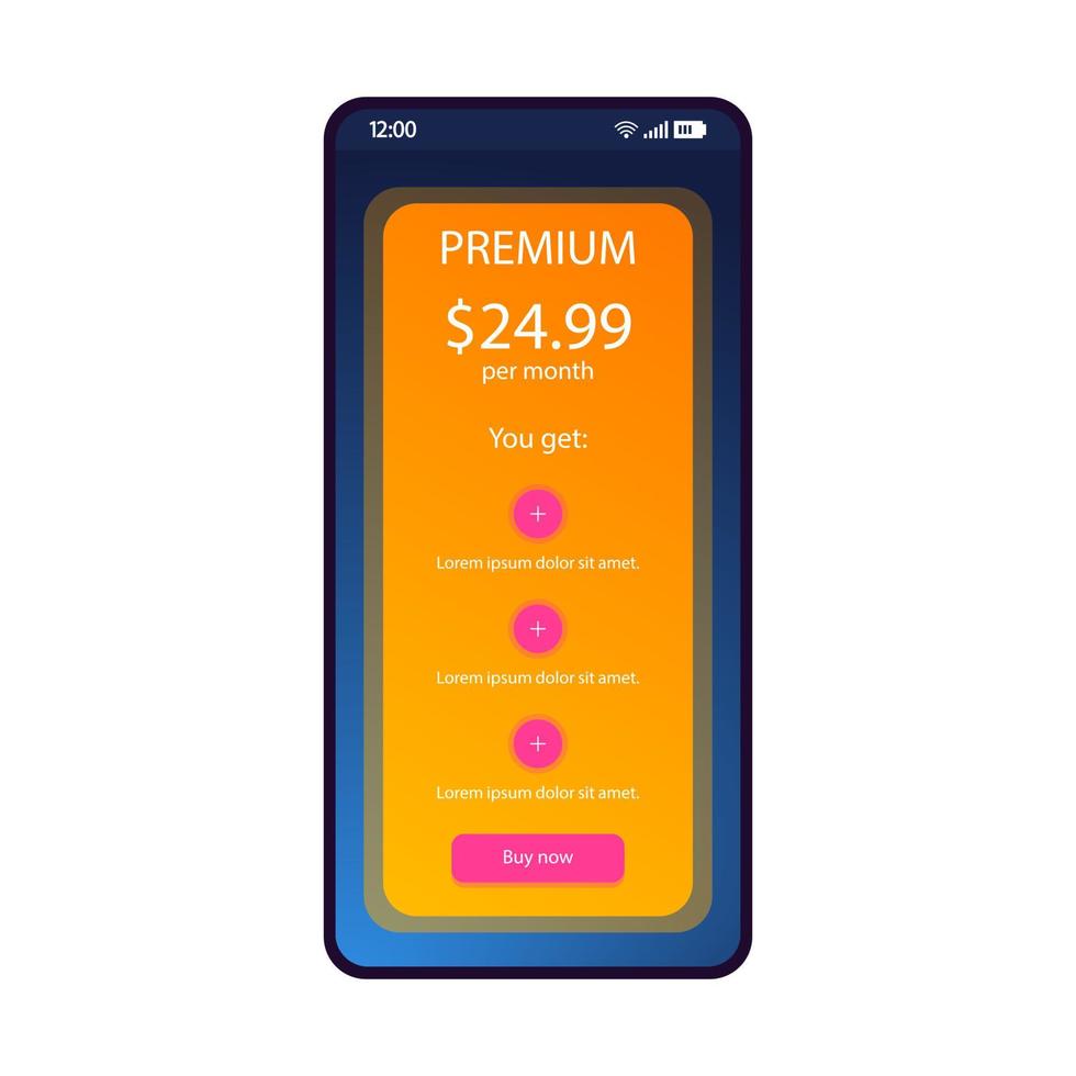 Tariff plan smartphone interface vector template. Mobile operator app page blue design layout. Service prices, monthly payment screen. Flat UI for application. Postpaid bill pack. Phone display