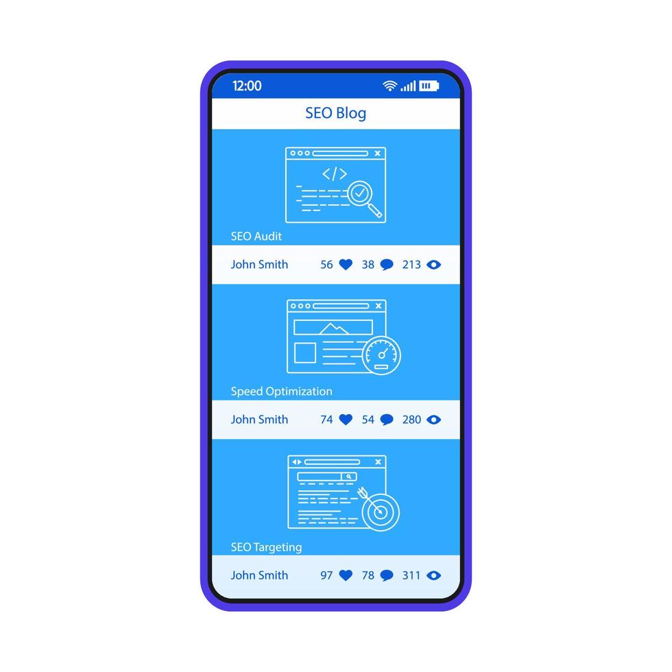 SEO blogging app smartphone interface vector template. Mobile page blue design layout. Social networking course. Blogger profile with posts screen. Flat UI for application. Forum. Phone display