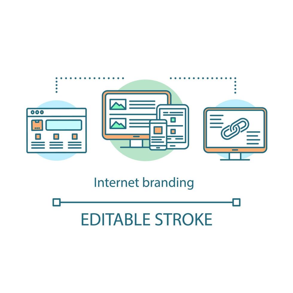 Internet branding concept icon. Brand management. E-branding idea thin line illustration. SEO, online marketplace. Web development. orporate image. Vector isolated outline drawing. Editable stroke