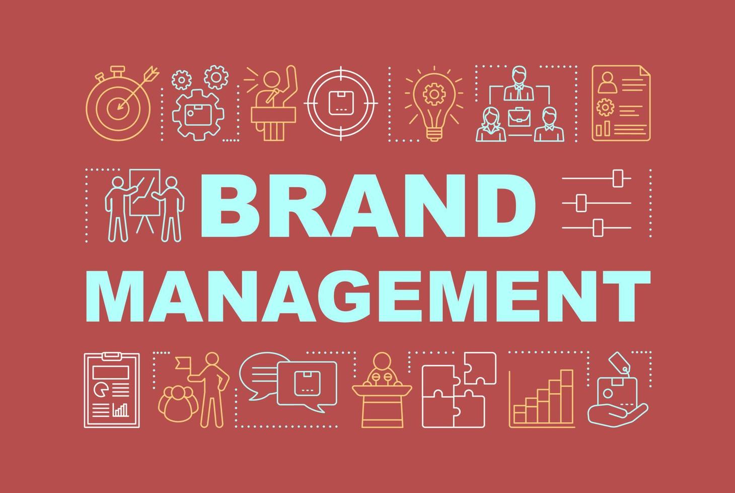 Brand management word concepts banner. Relationship with target market. Strategy analysis, planning. Presentation, website. Isolated lettering typography idea, linear icon. Vector outline illustration