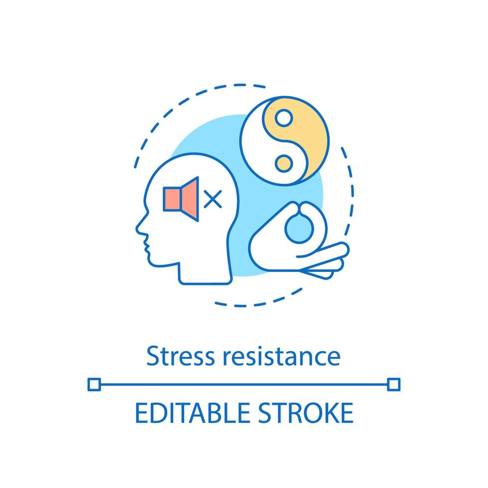 Stress resistance concept icon. Contemplation. Mindfulness. Calm and peace. Positive thinking. Meditation idea thin line illustration. Vector isolated outline drawing. Editable stroke