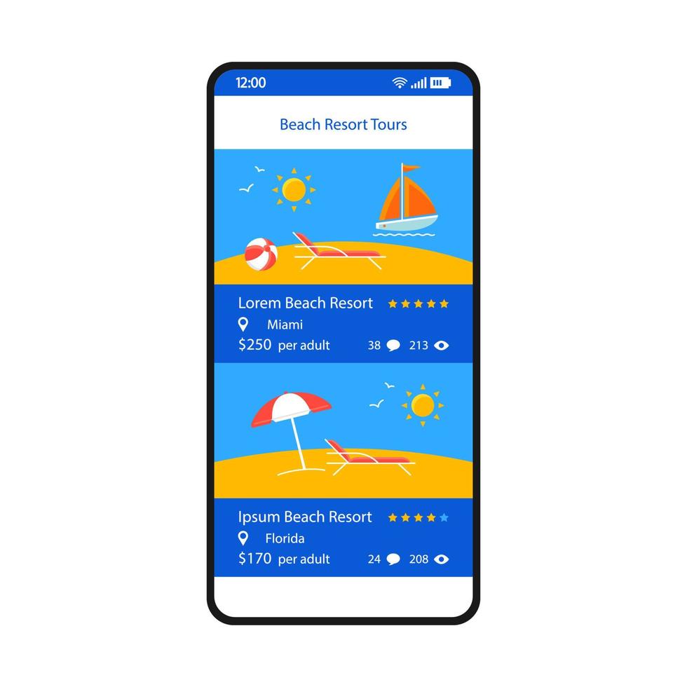 Online booking app smartphone interface vector template. Mobile page black design layout. Beach resort reservation screen. Flat UI for application. Hotel search. Travel agency website. Phone display